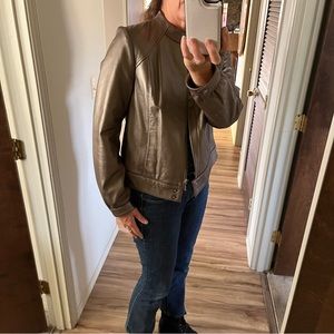 Metallic Leather Jacket Funnel Neck Alfani zip front Pewter Bronze Med